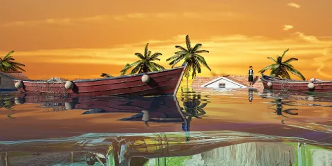 boats on calm waters with vibrant sunset reflecting off the surface, creating an artistic and serene coastal scene, showcasing Homestyler's advanced virtual rendering capability for interior design visualization.