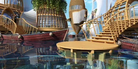 Unique floating houses visualized in an innovative design, showcasing sustainable architecture in a serene water environment, featuring Homestyler's core functionality of real-time 3D rendering for renovation previews.