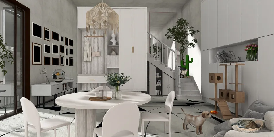 Modern dining area with a round white table and elegant chairs, featuring a cozy living space designed in a contemporary style, optimized for interior decor using Homestyler's 3D rendering feature.