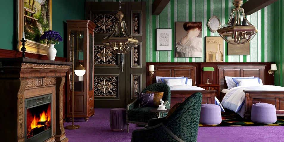 luxurious bedroom design showcasing elegant furniture arrangement in a vintage style with a cozy fireplace and rich color palette; featuring a realistic 3D rendering functionality of Homestyler to visualize the space.