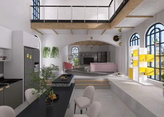 Open plan kitchen island and mini lounge Design Rendering