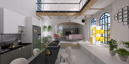 Open plan kitchen island and mini lounge