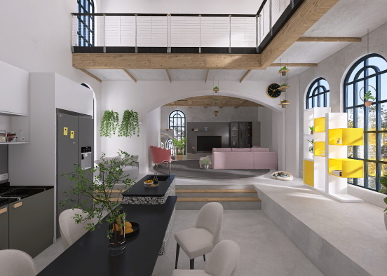 Open plan kitchen island and mini lounge Design Rendering