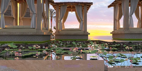 serene outdoor pavilions overlooking a tranquil lotus pond at sunset featuring homestyler's real-time 3D rendering for stunning outdoor space design