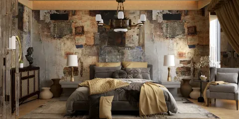 Modern bedroom featuring a stylish bed arrangement with textured wall art, designed in a contemporary style, highlighting interior decor optimization using Homestyler's real-time 3D rendering feature.