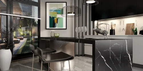 modern kitchen island design showcasing smart furniture arrangement with a sleek black marble finish, highlighting interior decor aesthetics, using Homestyler's real-time 3D rendering feature for effective space visualization.
