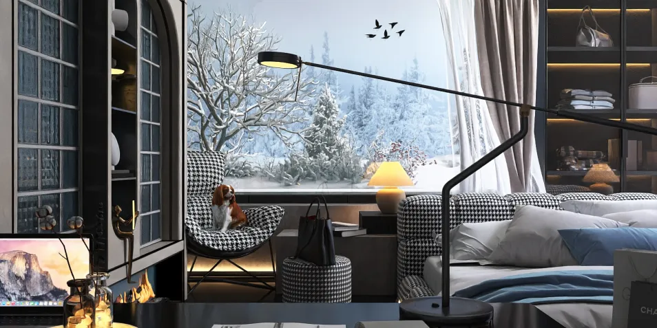 Cozy winter indoor scene with modern furniture arrangement in a stylish bedroom, highlighting a comfortable reading nook with a view, showcased using Homestyler's real-time 3D rendering feature.