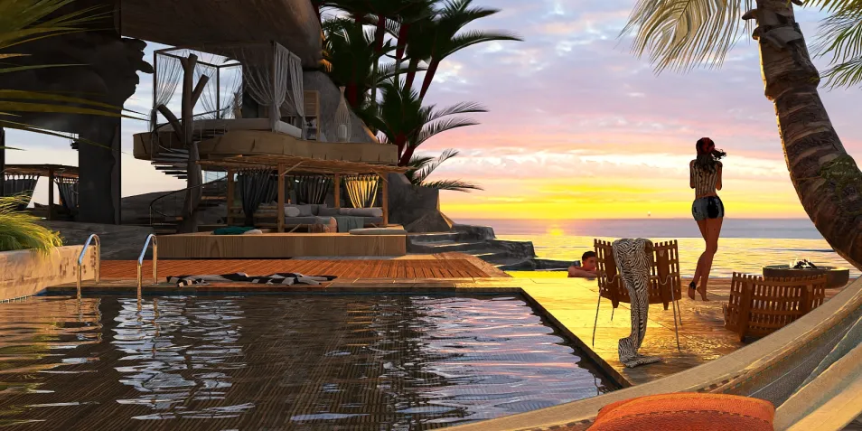 Modern outdoor pool area featuring a lounge space with furniture arrangement, coastal vibes, enhancing relaxation value; interior design with Homestyler's real-time 3D rendering feature.