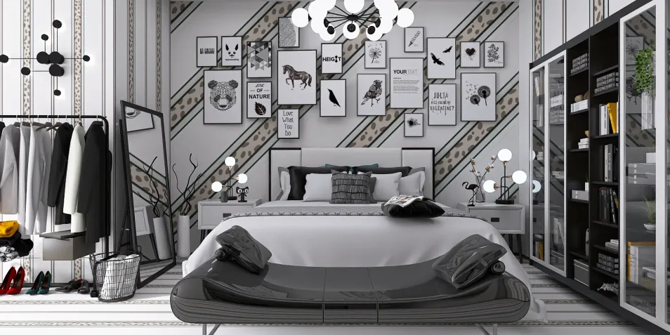 modern bedroom design featuring a stylish bed and art-filled wall gallery, optimized for space utilization using Homestyler's smart furniture arrangement tool.