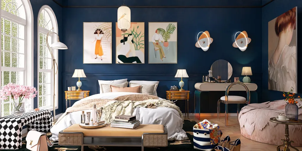 a bedroom with a bed, a desk, and a painting on the wall 