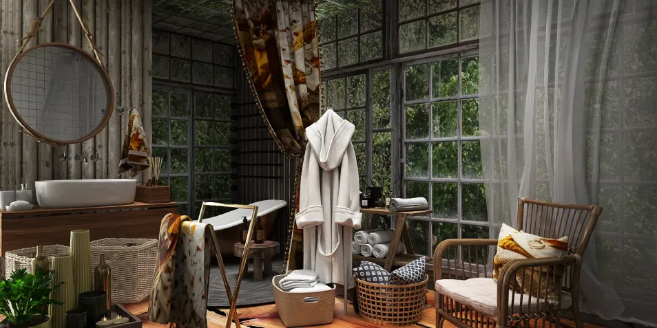 bathroom decor featuring a modern rustic design with natural materials and greenery, utilizing Homestyler's real-time 3D rendering for an effective layout preview.