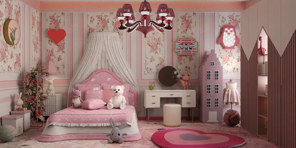a bedroom with a pink bed, a pink dresser, and a pink doll 