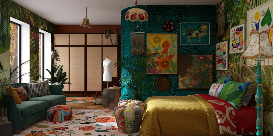 colorful bedroom interior featuring vibrant wall art and decorative plants, designed using Homestyler's real-time 3D rendering for an immersive decoration preview.