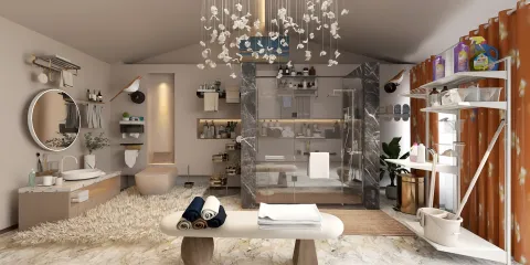 Modern bathroom featuring elegant fixtures and open layout, showcasing a soothing minimalist style with ample storage space; utilizing Homestyler's real-time 3D rendering for an accurate design preview.