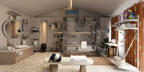 Modern bathroom interior design featuring a sleek glass shower enclosure and elegant vanity area, enhanced by Homestyler's real-time 3D rendering for an immersive visualization experience.