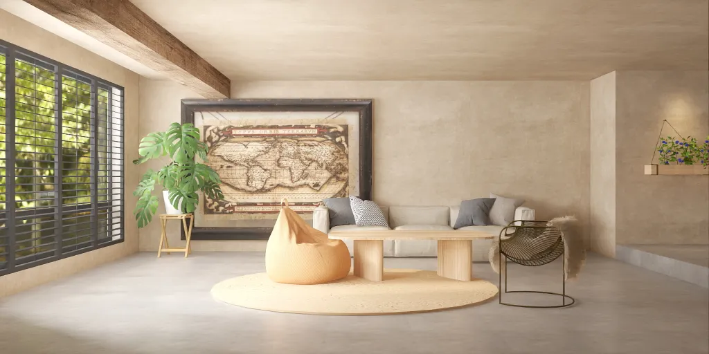 a living room with a large painting on the wall 