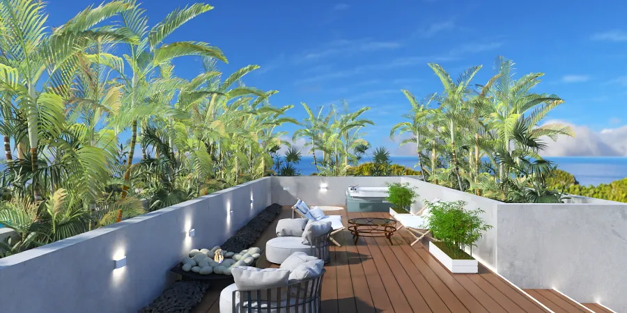 a patio with a large balcony overlooking a beach 
