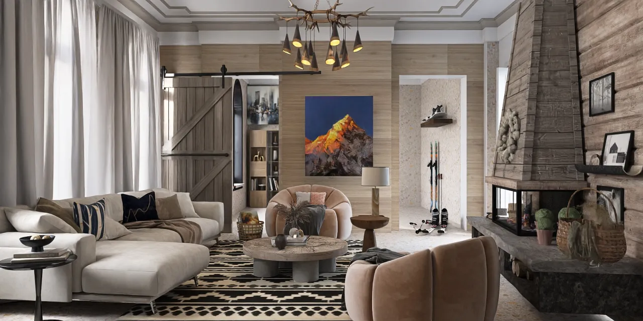 a living room with a large painting on the wall 