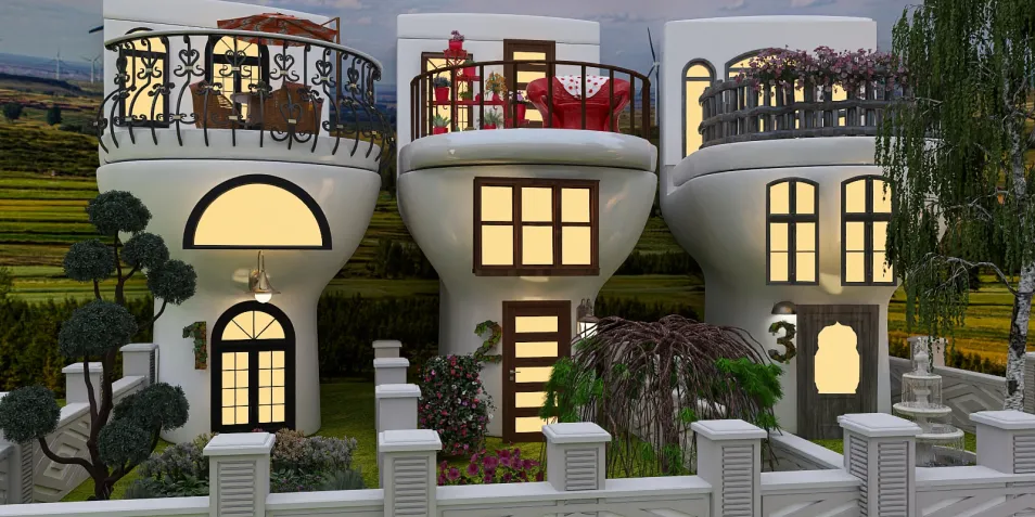 small house models with unique cup-shaped architecture showcasing outdoor seating and landscaping design in a charming garden setting, featuring Homestyler's real-time 3D rendering for enhanced visualization.