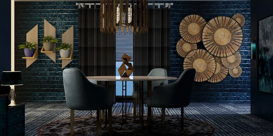 dining area featuring wooden wall decor and modern furniture design with a blue color palette, showcasing interior decor ideas using Homestyler's 3D rendering feature for visualizing space.