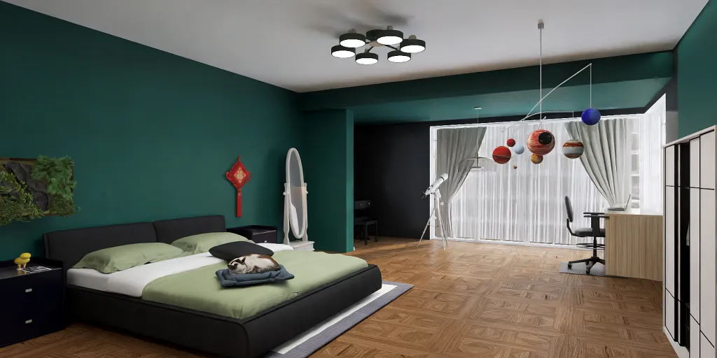 a bedroom with a bed, a chair, and a lamp 