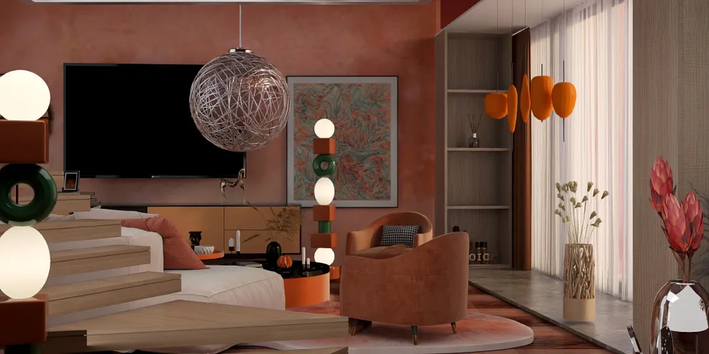 a living room with a couch, chair, and a lamp 