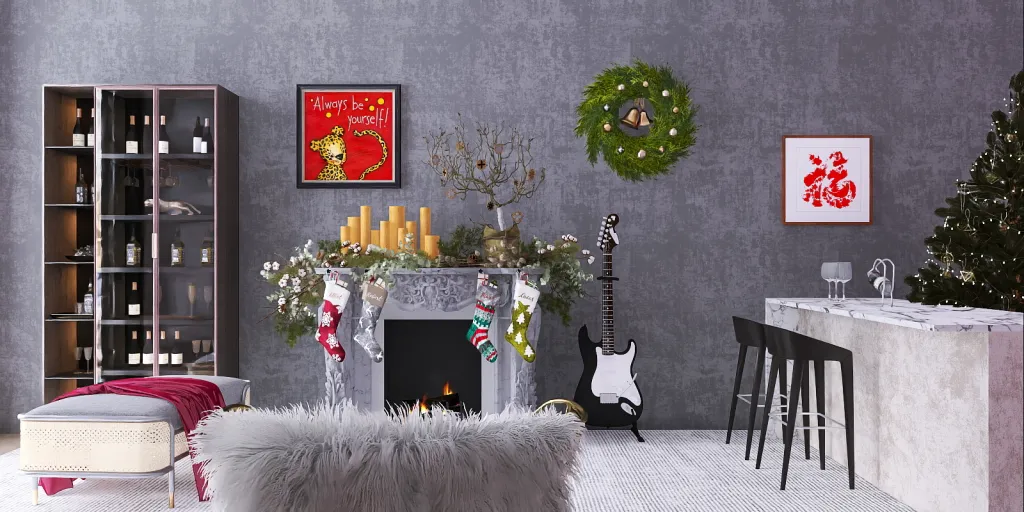 a living room with a fireplace and a christmas tree 
