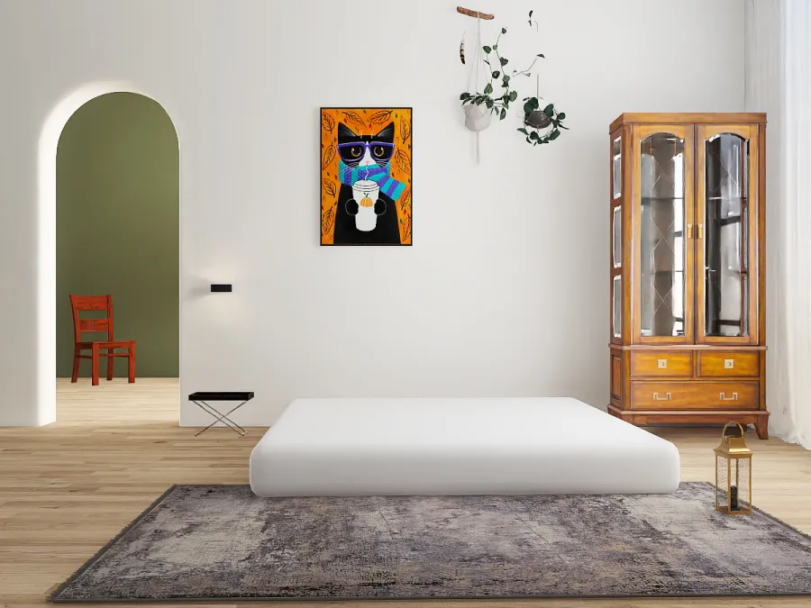 a bedroom with a bed, a desk and a painting 