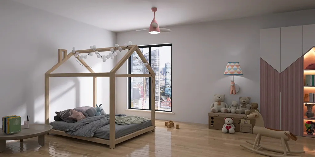 a bedroom with a bed, chair, and a lamp 