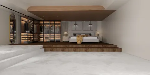 Modern bedroom layout with wooden accents and stylish lighting, showcasing a cozy atmosphere; features an interior design aesthetic ideal for personal comfort, utilizing Homestyler's real-time 3D rendering functionality.