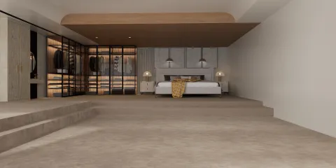 modern bedroom design showcasing a spacious layout with a warm color palette and elegant decor, featuring smart furniture arrangement functionality in Homestyler