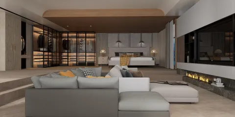 modern living room design featuring a spacious sofa and stylish decor, creating a cozy atmosphere in a contemporary bedroom suite, utilizing Homestyler's real-time 3D rendering for an effective design preview.