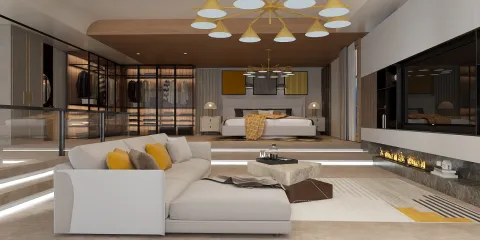 Modern living room design showcasing a stylish sofa arrangement and elegant lighting in a minimalist style, featuring an interior decor keyword 'luxury living room design' and highlighting Homestyler's real-time 3D rendering capability.