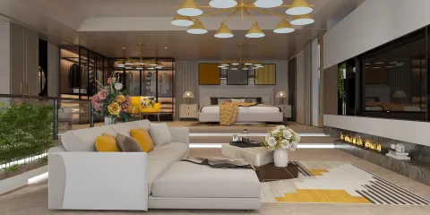 modern living room with stylish furniture arrangement showcasing interior decor elements in a contemporary style, featuring real-time 3D rendering for design proposal presentation