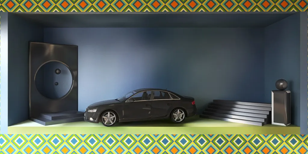 a car is parked in a room with a blue wall 
