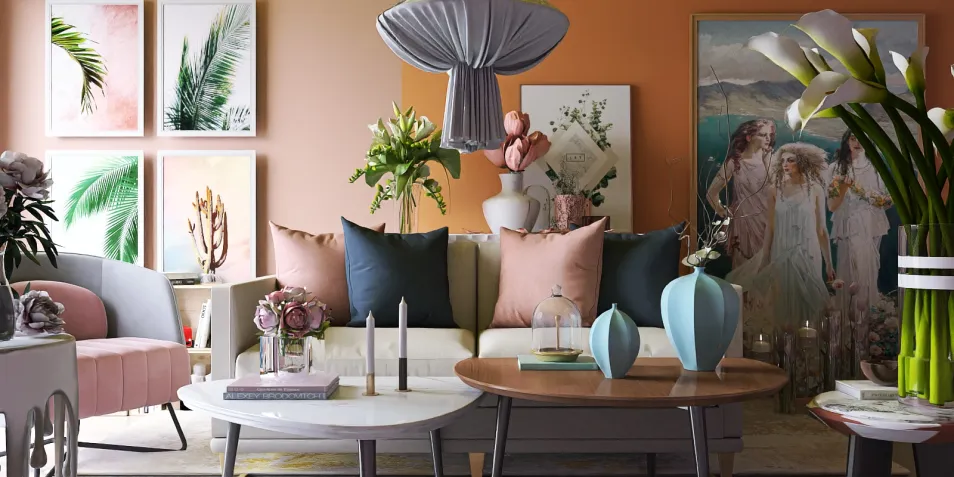 cozy living room with elegant furniture arrangement using smart furniture placement in a modern style, showcasing interior decor with a harmonious color palette, utilizing Homestyler's real-time 3D rendering feature.