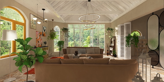 bohemian plant loving living room 