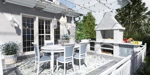outdoor dining area with a barbecue grill featuring elegant furnishings in a modern coastal style, showcasing a spacious and inviting atmosphere for entertaining, utilizing Homestyler's real-time 3D rendering feature.