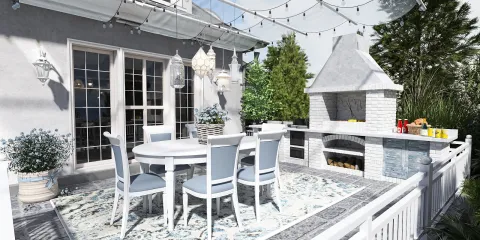 outdoor dining area featuring a round table and chairs with a barbecue grill, designed in a modern style, showcasing the potential of Homestyler's real-time 3D rendering feature for outdoor living spaces.