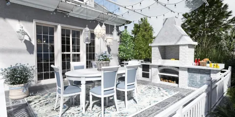 outdoor dining area with a built-in BBQ, creating a lovely atmosphere for entertaining guests in a modern farmhouse style, featuring Homestyler's real-time 3D rendering for design preview.