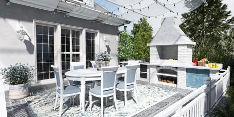 outdoor patio dining area with a barbecue grill and decorative plants in a modern style, optimized for outdoor living spaces using Homestyler's real-time 3D rendering feature