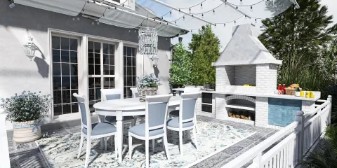 outdoor dining area with a barbecue grill featuring a modern design in a serene style for an inviting home environment; includes Homestyler's real-time 3D rendering functionality.