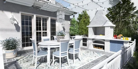 outdoor patio dining area featuring a barbecue grill and a cozy seating arrangement designed for relaxation, emphasizing a modern rustic style; showcasing Homestyler's real-time 3D rendering for visual effect previews.