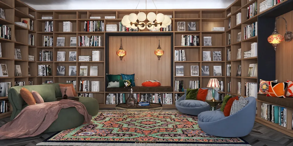 a living room filled with furniture and a bookcase 
