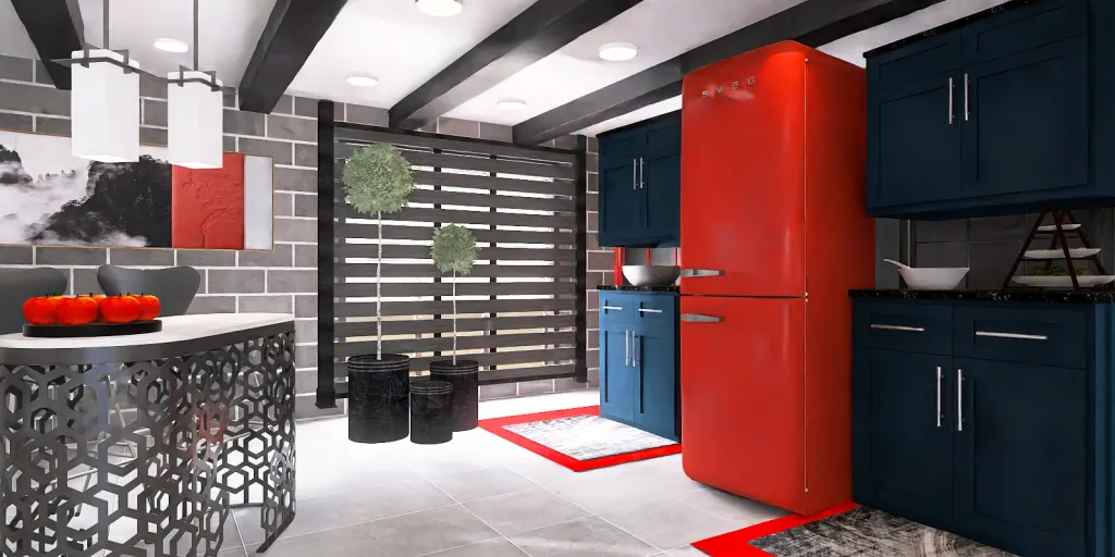 a kitchen with a red refrigerator and a red counter top 