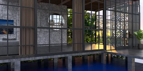 modern interior space featuring large glass windows and foliage integration, showcasing a contemporary design style with indoor-outdoor connection using Homestyler's real-time 3D rendering feature.