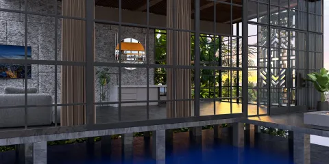 Modern living room with large glass windows showcasing a scenic view while emphasizing open space design, featuring homestyler's real-time 3D rendering capability.