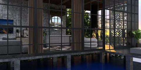 Modern interior space featuring open glass design and indoor plants, showcasing a stylish living area, utilizing Homestyler's real-time 3D rendering for an optimized visual experience.