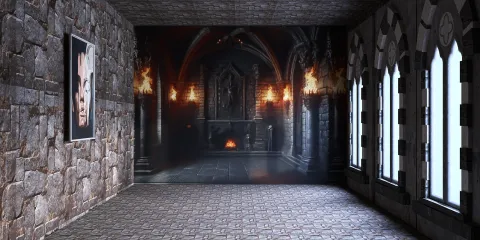 stone wall interior design showcasing a gothic castle ambiance with dramatic lighting and artwork, utilizing Homestyler's real-time 3D rendering feature.