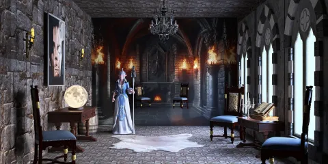 a mystical room featuring a character in a gown performing interior design actions in a medieval style, showcasing interior decor ideas using Homestyler's real-time 3D rendering feature